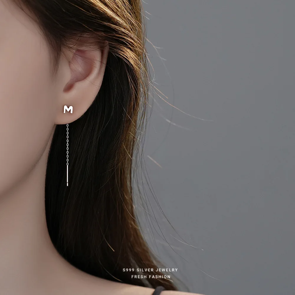 999 Pure Sterling Silver Dainty Alphabet Silver Wire Small Cute Wire Earrings For Women
