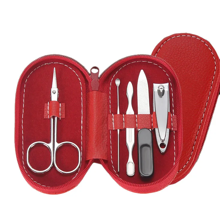 Customized Portable Stainless Steel Soft Red Leather Bag Rounded 5 in 1 PCS Pedicure Kits Personal Care Grooming Manicure Set