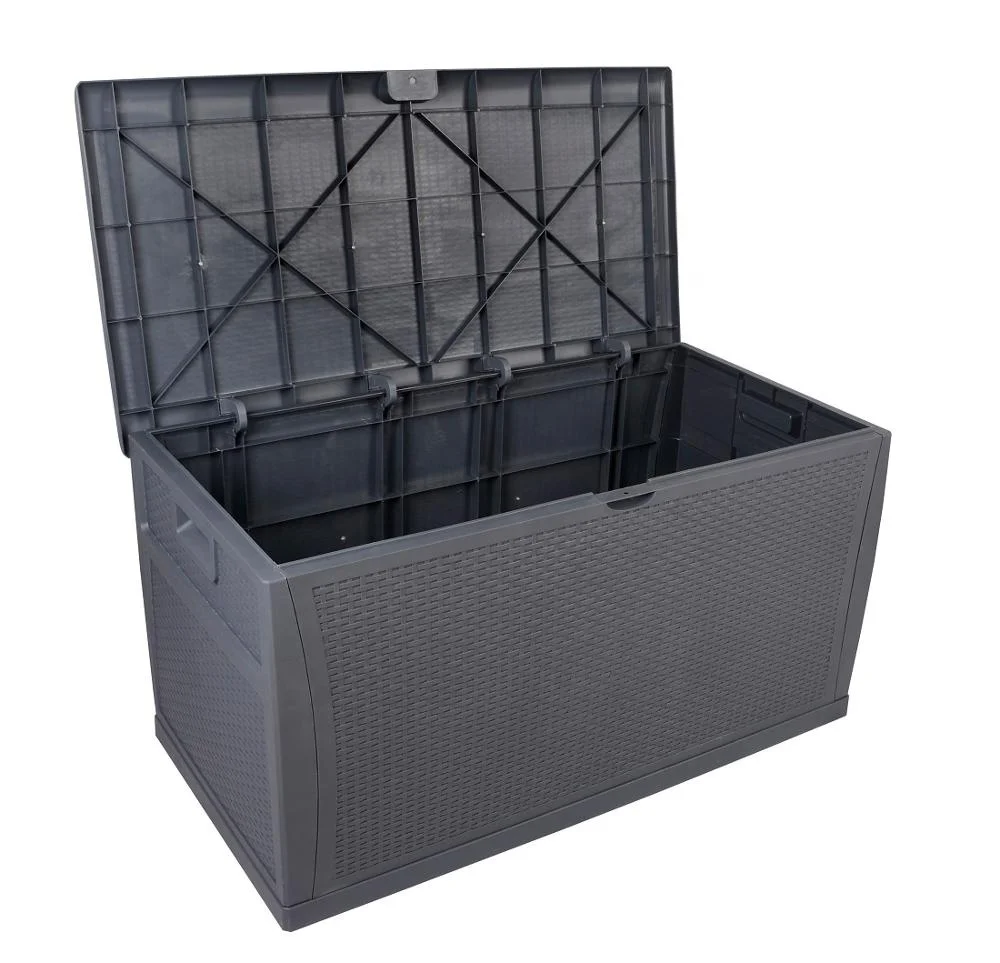 Stylish rattan look Outdoor Storage Deck Box with Gas Strut Lift in Gray 120Gal