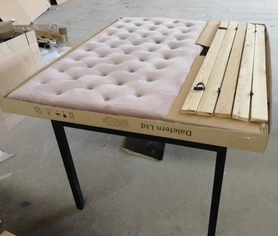 Latest double design slat wood bed Button Tufted Leather Upholstered Italian fabric Bed