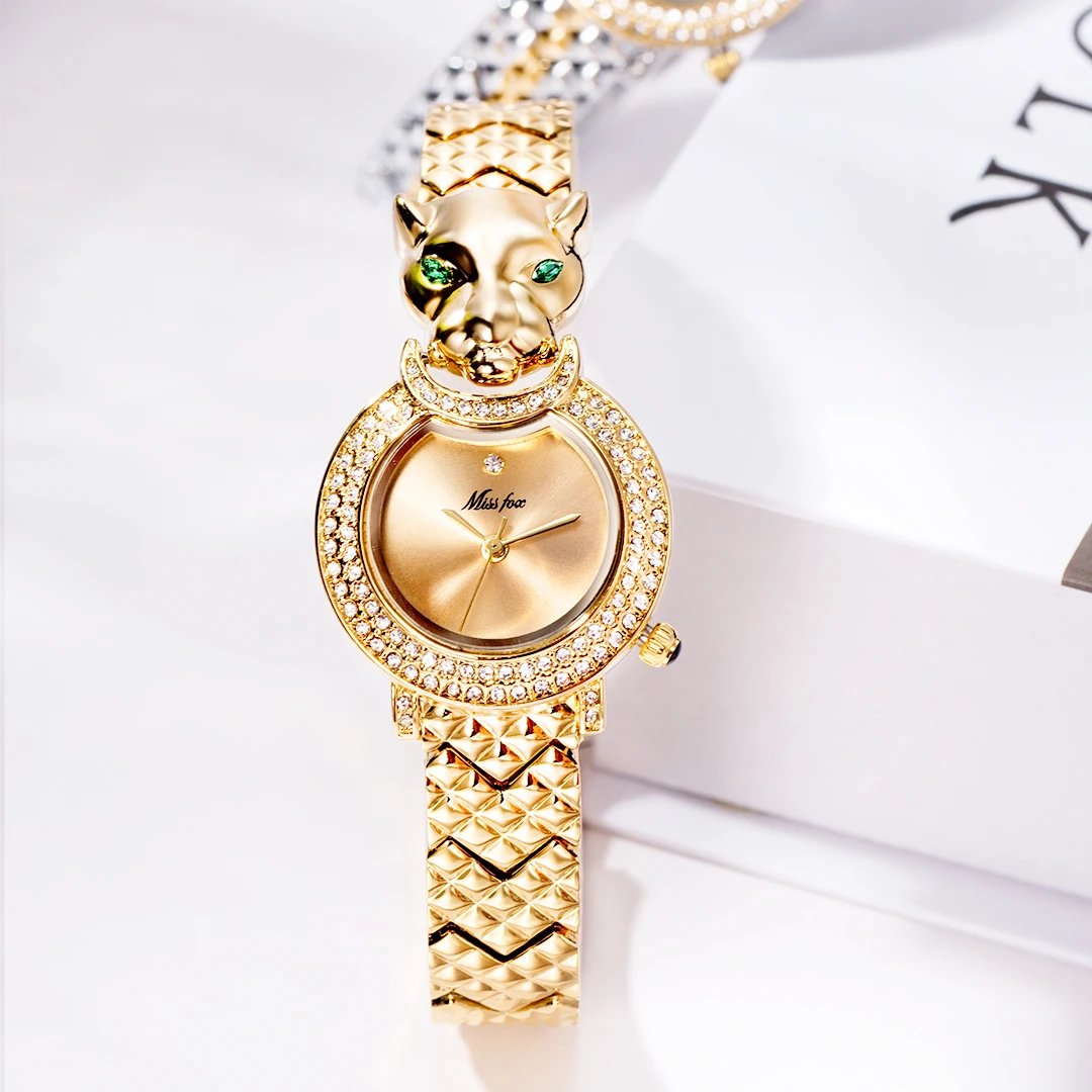 MISSFOX Elegant Leopard Shape Woman Watch Luxury Brand Gold Geneva Female Watch Japan Movt Waterproof Analog Quartz Wristwatch