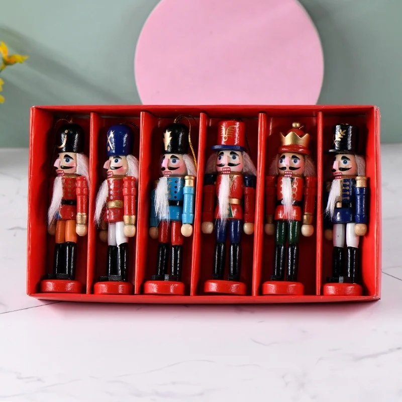 6pcs Nutcracker Ornament Wooden Toys Action Figure Statues Christmas Nutcracker Hanging Doll Mini Soldier Decorations