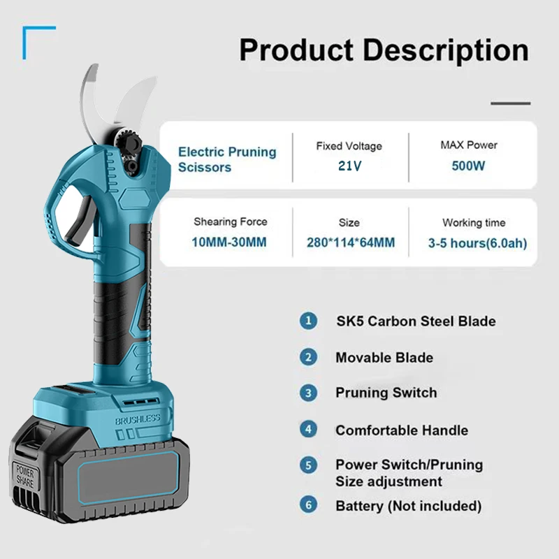Brushless Pruning Shears 21V Electric Shrub Shears Automatic Branch Scissors Electric Garden Pruning Shears