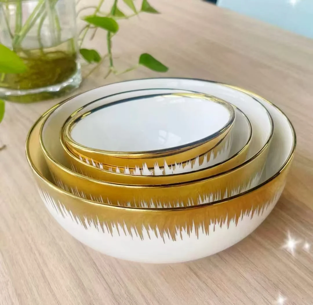 High Quality White Ceramic Bowl Gold Accents Large Small Antique Design Porcelain Noodle Bowls Dishwasher Safe Home Use