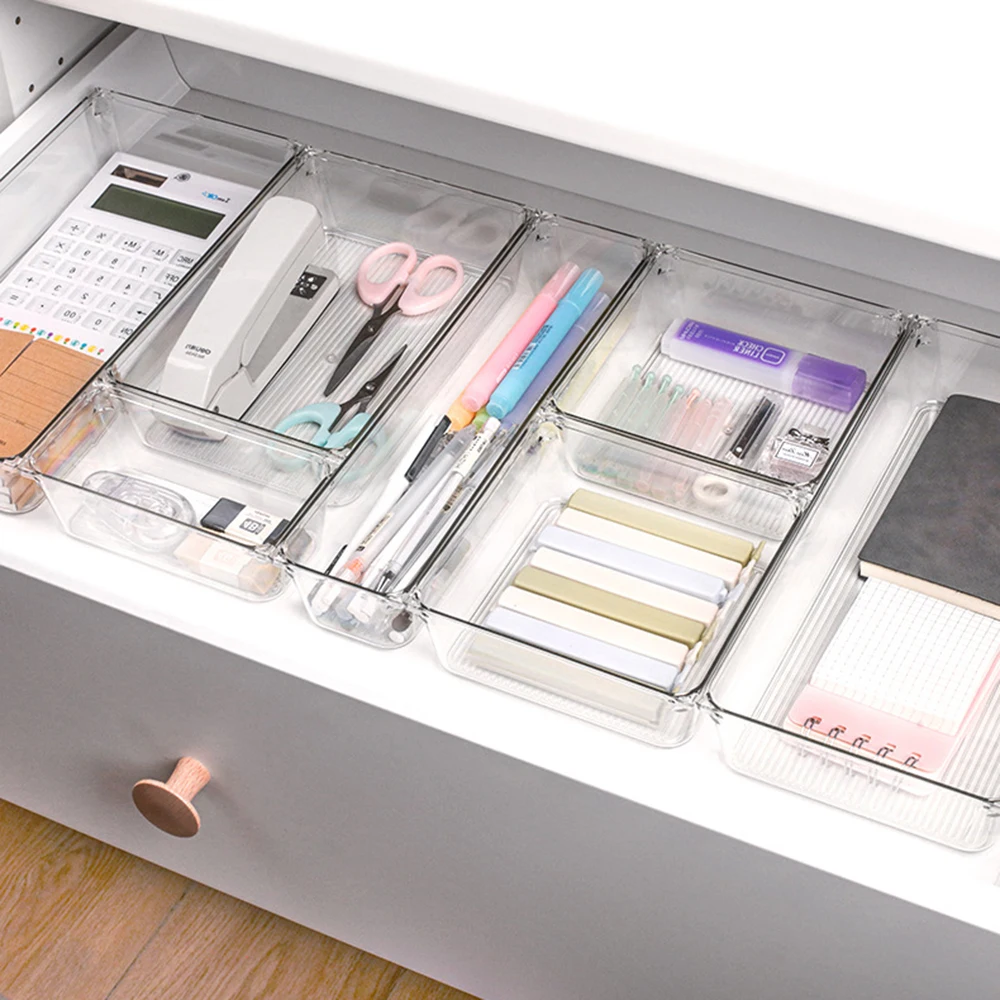 Customize Layout Desk Drawer Organizer Set 5-Size Desk Drawer Storage Bins Clear Plastic Multi-function Drawer Organizer Trays