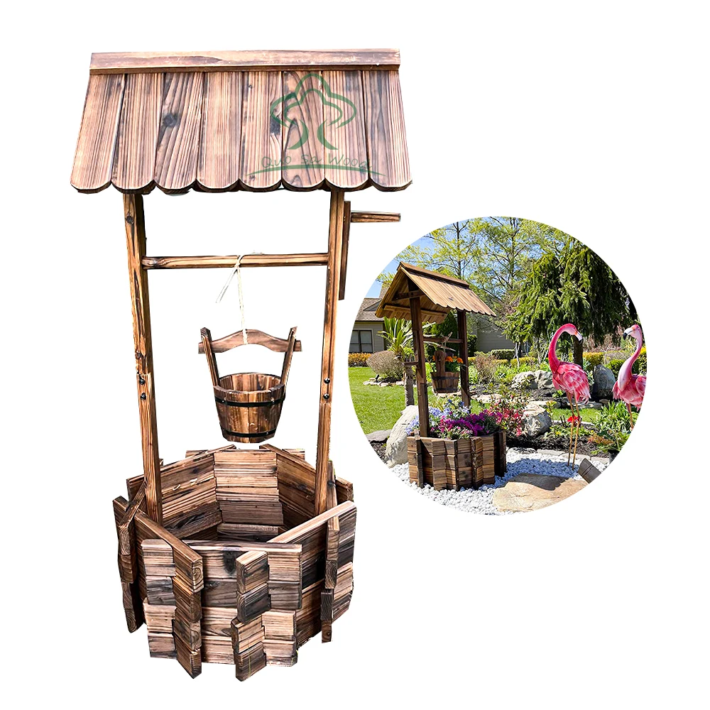Rustic Wooden Planter with Hanging Flower Bucket Outdoor Garden Wooden Wishing Wells