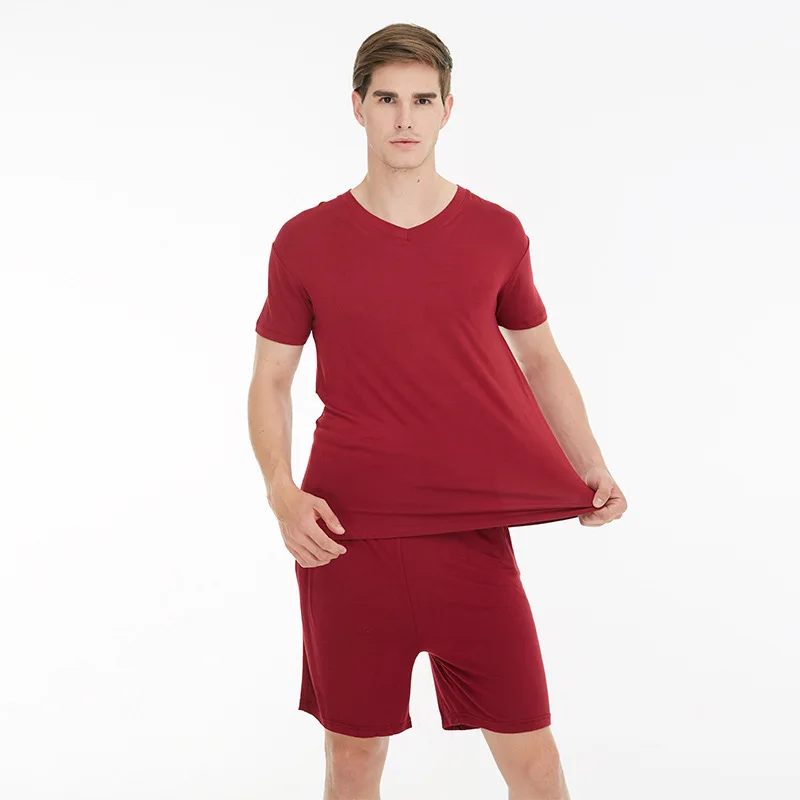 Летняя мужская одежда LYX025, пижамы из модала с V-образным вырезом, пижамы, костюмы, повседневная одежда для отдыха с коротким рукавом, однотонная