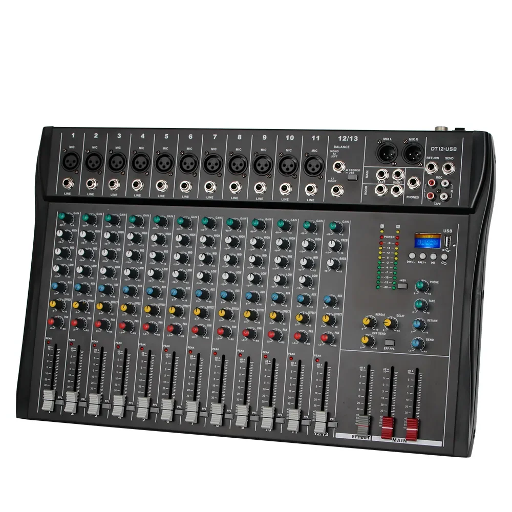 DT12 Professional 12-Channel Audio Mixer DJ Mixing Console MP3 Input 48V Phantom USB Mixer