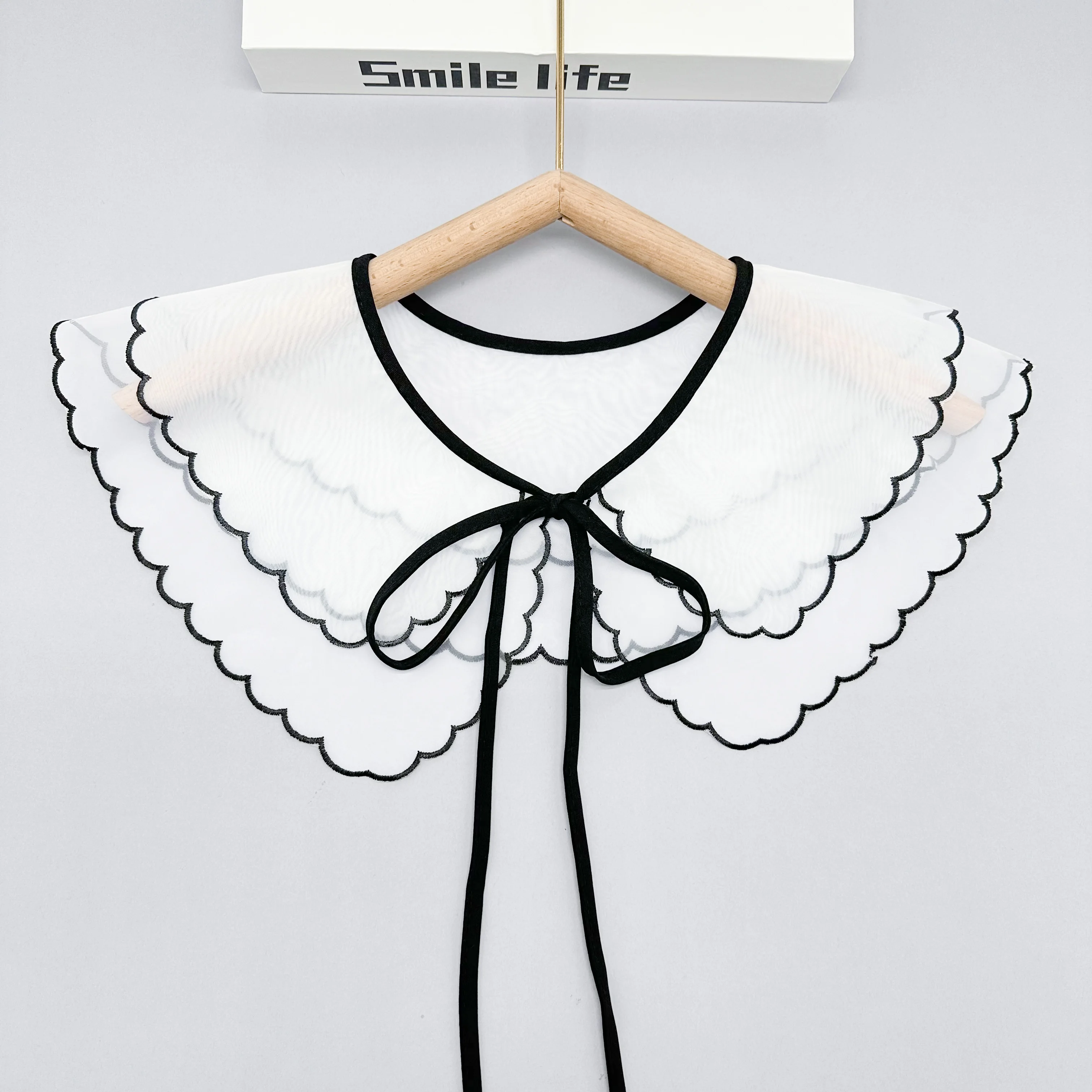 Versatile Double-Layer Organza Fake Collar, Black Border Tie Shawl Collar,Shirt Outer Outfit