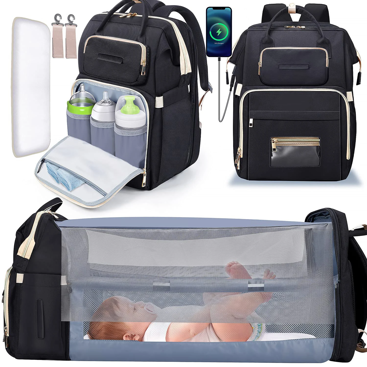 Custom baby mommy bed diaper bag usb charger baby bag backpack 3 in 1 diaper bag backpack with changing station