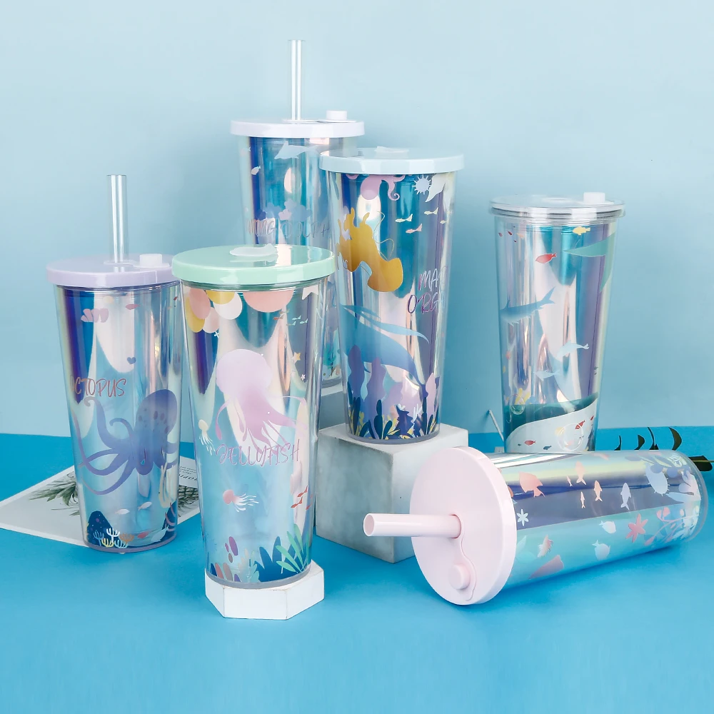 Hot Sale Hologram Double Wall Acrylic Tea Cups With Lid and Straw, Eco friendly 700ML Wide Mouth Boba Tea Cups