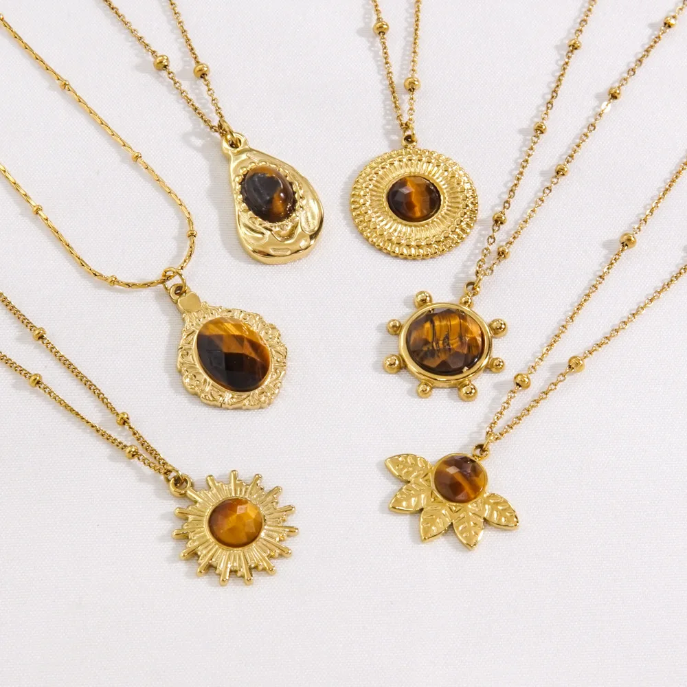 Water Proof Titanium Steel Stainless Steel 14K Gold Geometric Round Sun Natural Gem Stone Tiger Eye Necklace for Men Women