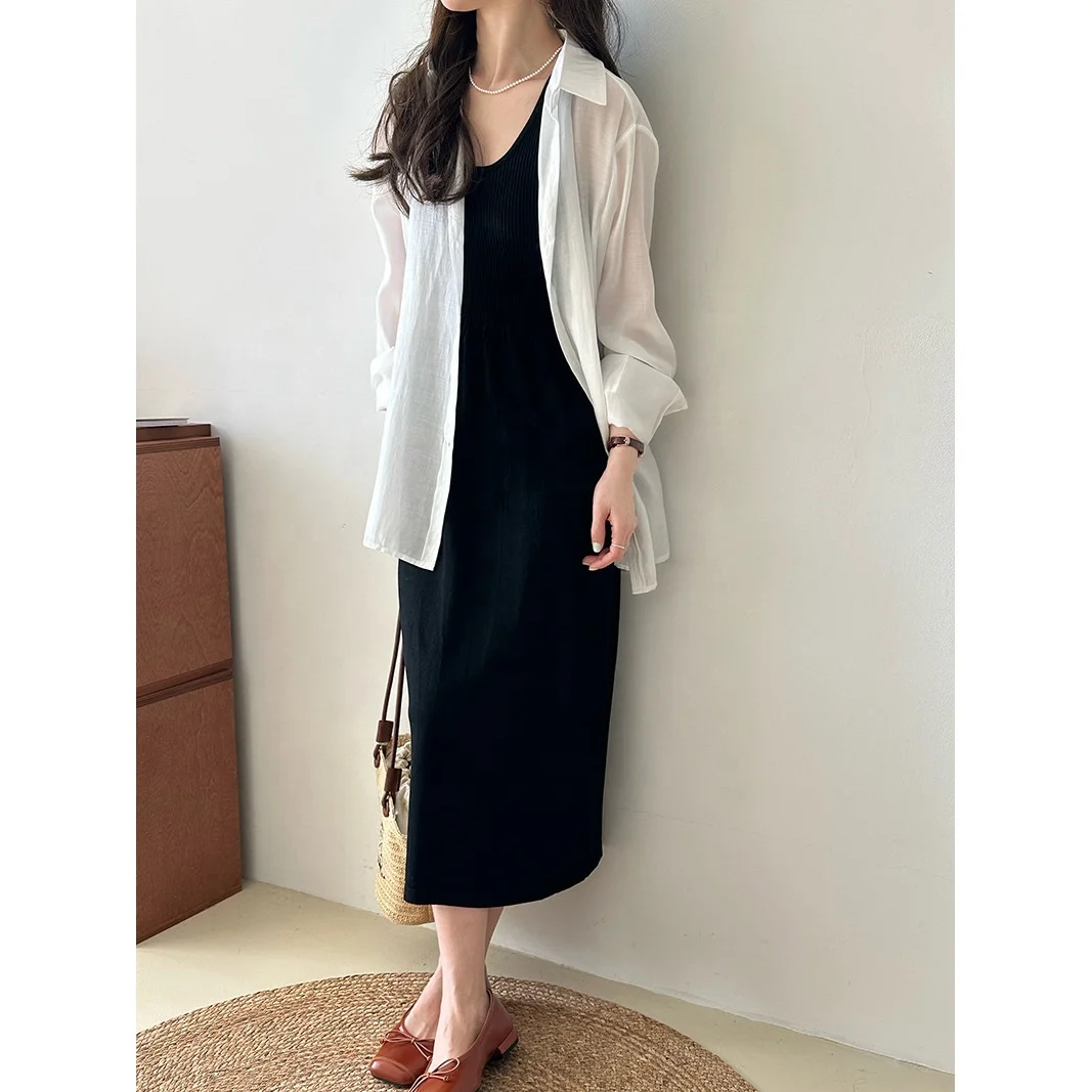 Summer Shirts Women Turn-Down Collar Long Sleeve Casual Blouses Transparent Plain Canday Colors Loose Sunproof Tops WholeT34702C