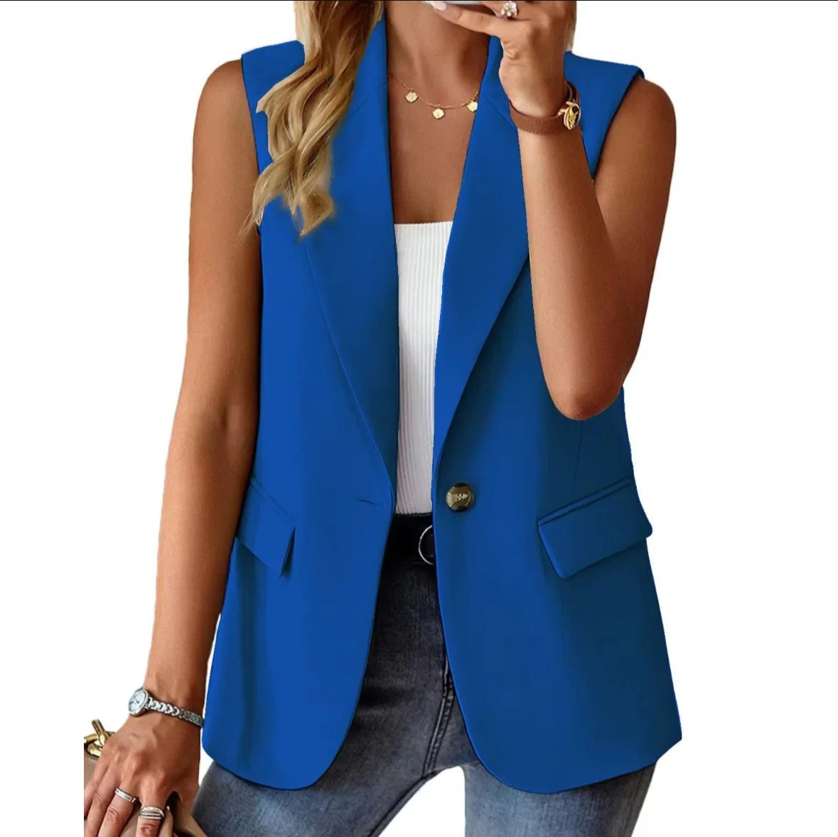 Women Fashion Waistcoat High Quality Single Button V-neck Top Sleeveless Solid Jacket Top Female Cardigan Blazer Coat