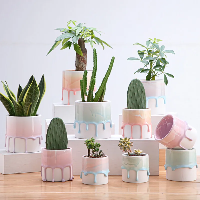 Ceramic Flowerpot New Nordic Style Cylindrical Ceramic Flow Glaze Boutique Handmade Flower Pots Green Plants Pot