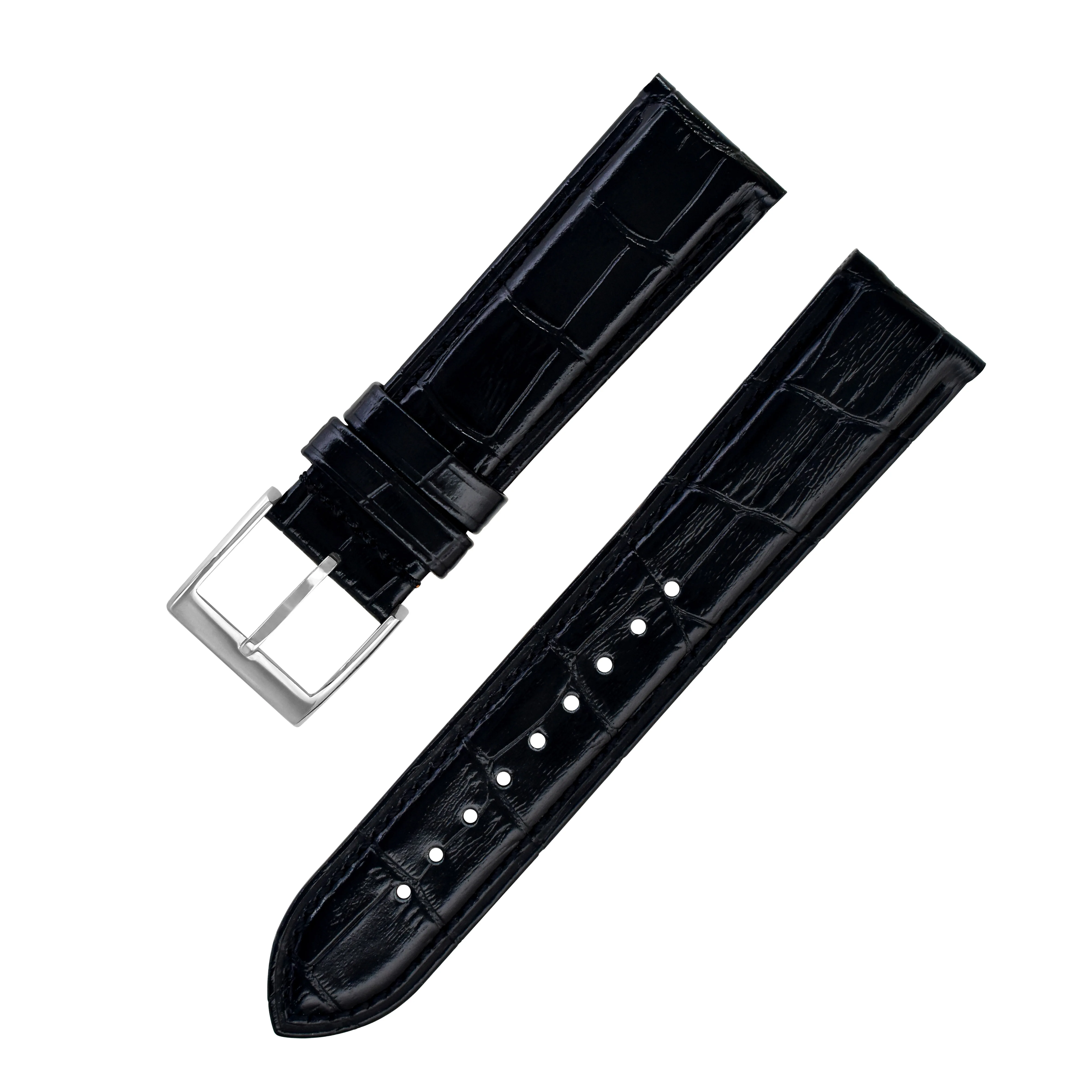 22mm 24mm 26mm 28mm 30mm Crocodile Grain Italian Luxury Stitched Calf Leather Watch Straps with Stainless Steel Buckles