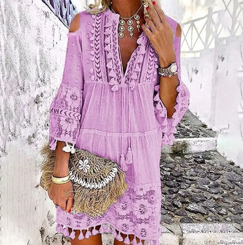Causal 3/4 Sleeve V Neck Holiday Boho Dresses