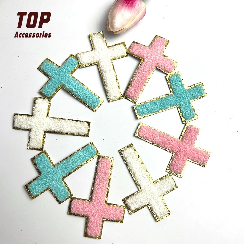 Factory Price Wholesale Cross Chenille Designer Patches with Glitter