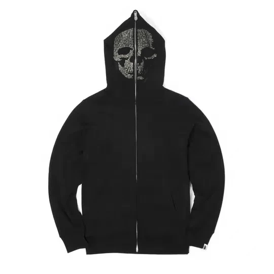 Manufacture custom logo 100% cotton unisex sweatshirts french terry casual men full zip up hoodie Skull Rhinestone