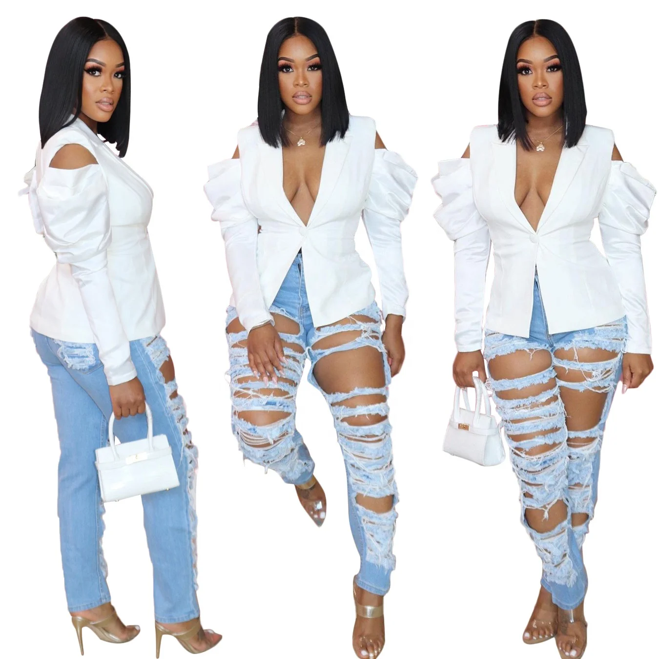 KX-S390182   2021 New design white office ladies wear blazer jacket puff sleeve fashion women blazer