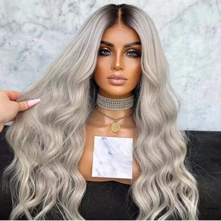 Wig With Dark Root Ombre Gray Blonde Color Loose Wave Invisible Knots Soft European Human Hair Swiss Lace Front Wigs