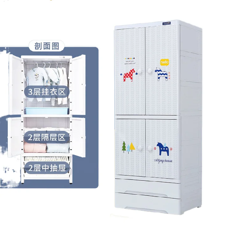 Высококачественный шкафчик детской одежды, Простой пластиковый сборный детский гардероб с мультяшным рисунком
