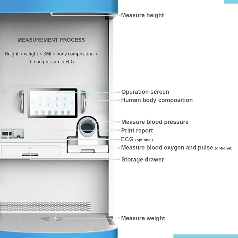 Intelligent health examination kiosk medical equipment ecg machine body health check up data transmission system telemedicine