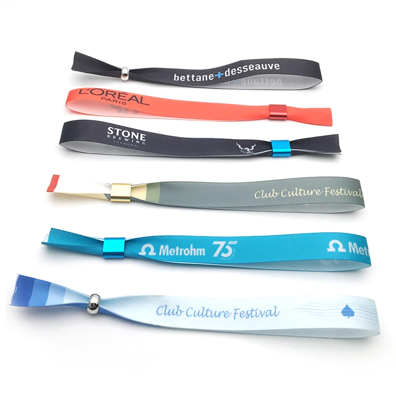 Personalized LOGO QR Code Reusable Thermal Transfer Print Custom Wristbands Woven Event Fabric Bracelets With Sliding Ball Lock