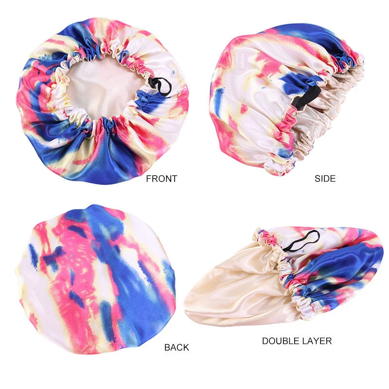 Hot selling Designer Women Kids Reversible Tie Dye Silk Satin bonnets With Drawstring Colorful Silky Mommy And Me Bonnets