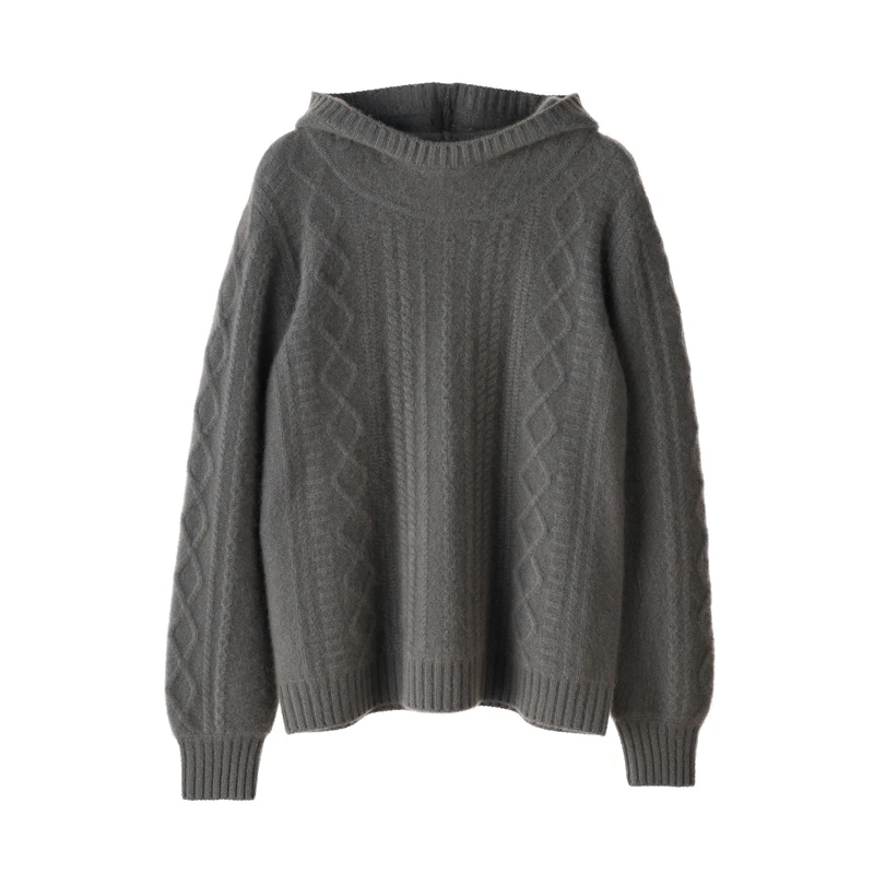High quality autumn wool knitted pullover hoodie loose solid color long sleeve women cashmere rib hoodie sweater