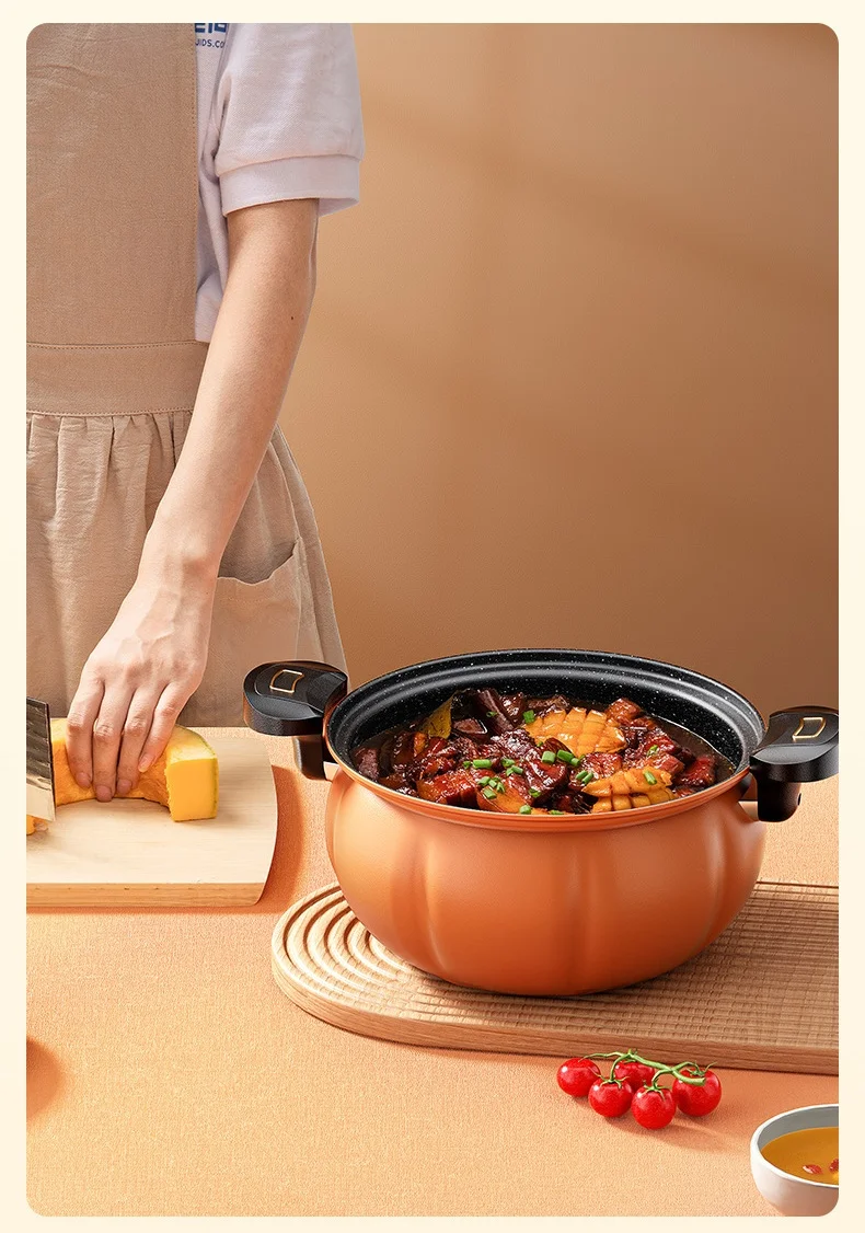 8L Large Capacity Micro Pressure Soup Stew Pot Korean-Style Multi-Functional Non-Stick Steel Pot with Pumpkin Design Medical Use