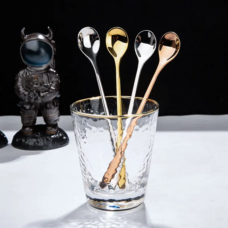 Golden Round Stainless Steel Teaspoon Long Handle Tea Spoon Latte Mixing Gold Cutlery Spoon Set Ice Cream Coffee Spoons