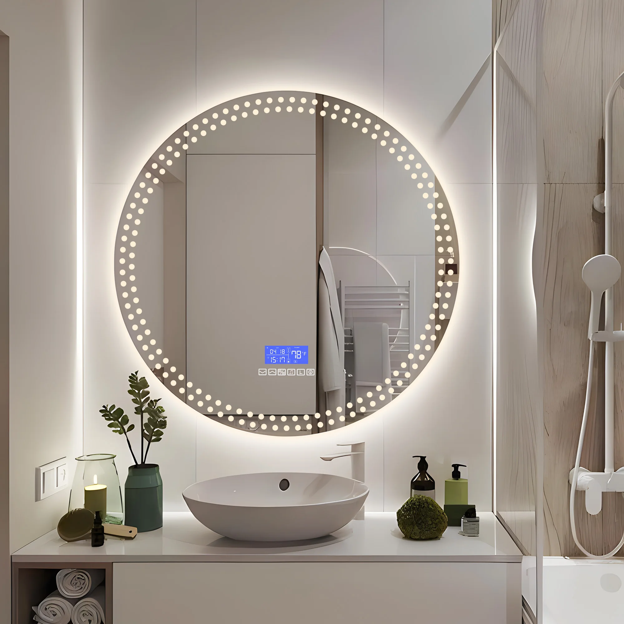 Round Customized LED Smart Design Sanding LED Lighted Bathroom Mirror with Radio bluetooth for Home/Hotel