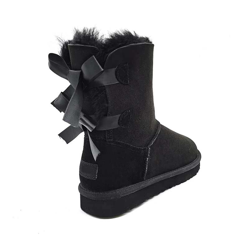 Зимние Детские женские ботинки с милым бантом, теплые зимние ботинки из искусственного овечьего меха