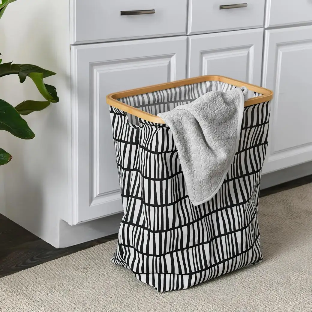 Large Oxford Canvas Bamboo Ring Capacity Basket Collapsible Laundry Baskets With Wheels
