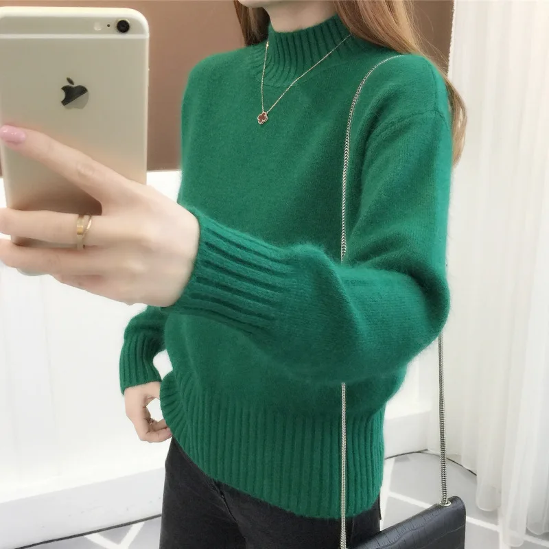2023 Fashion Style Women Warm Sweater Popular Mock Neck Green Sweaters