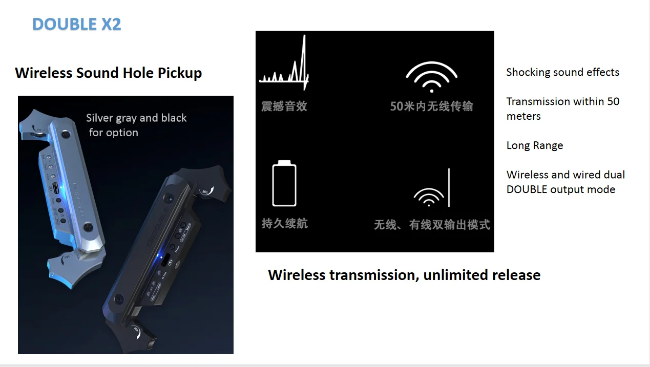DOUBLE X2 Black Wireless Acoustic Guitar Pickup X2 USB Charging Strap Stage Performance Free Punch Technology Bass Application