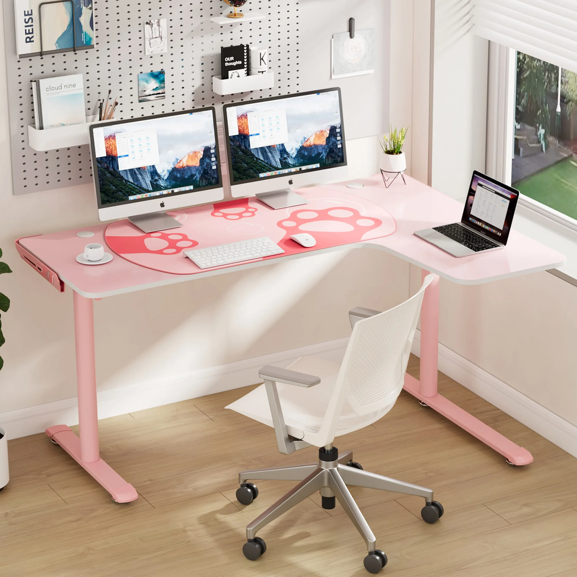 Computer Desk Modern Pink 2 Monitor gaming desk RGB Reversible L-Shaped Gaming Desk