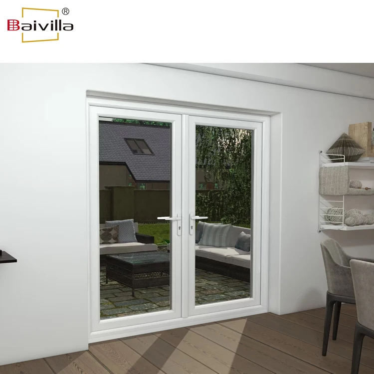 Exterior patio white upvc double leaf swing doors design pvc glass french door for balcony living room