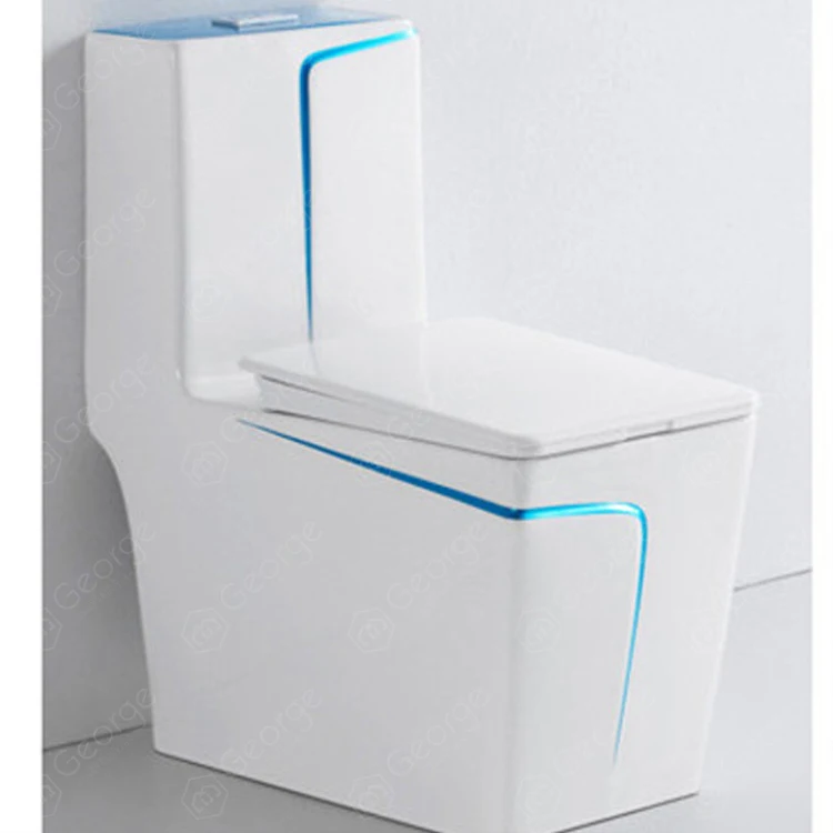 
One-piece Floor mounted siphon jet toilet white color mixed blue line with PP cover S-trap 300mm 