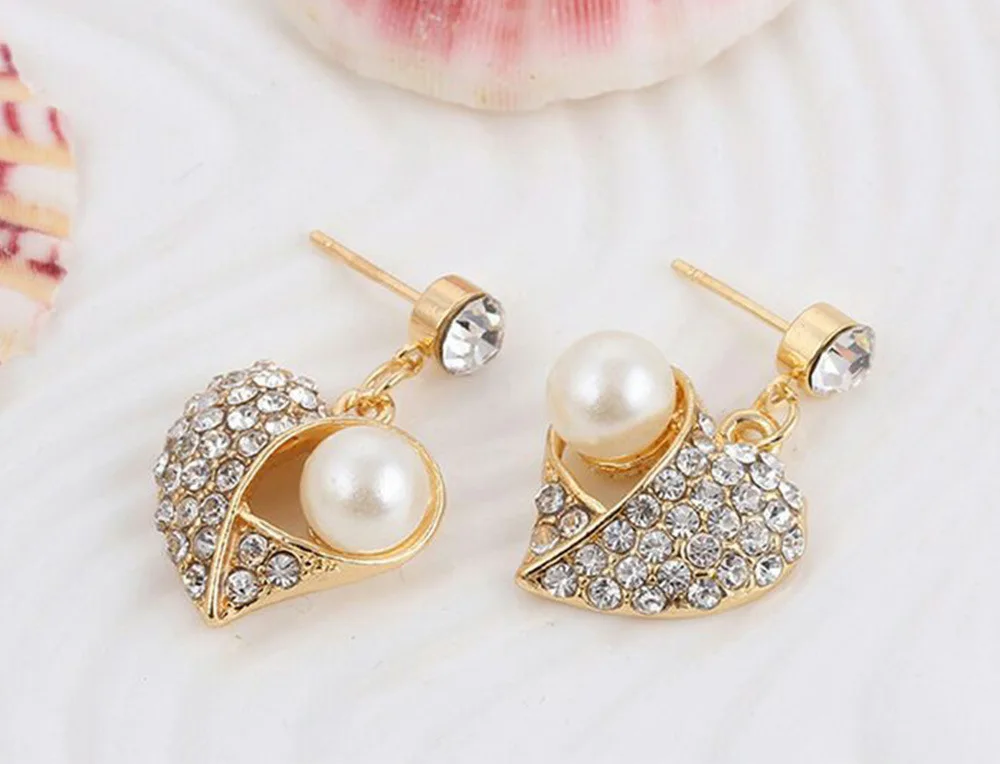 Latest Design  Women Jewelry And Accessories Fashion Earrings Necklace Wedding Bride Heart Shape Pearl Diamond Jewelry Set