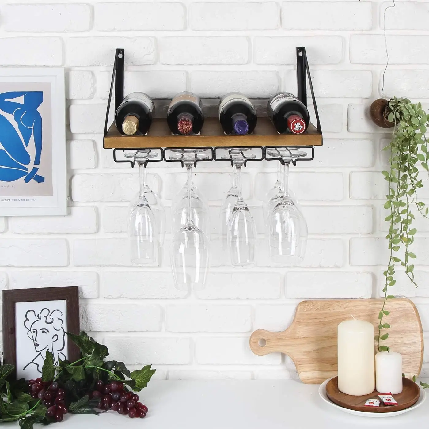 202404  Rustic Wood Wall Mount Wine Rack with 4 Metal Wire Glass Holder Home Kitchen decor Wine storage Rack