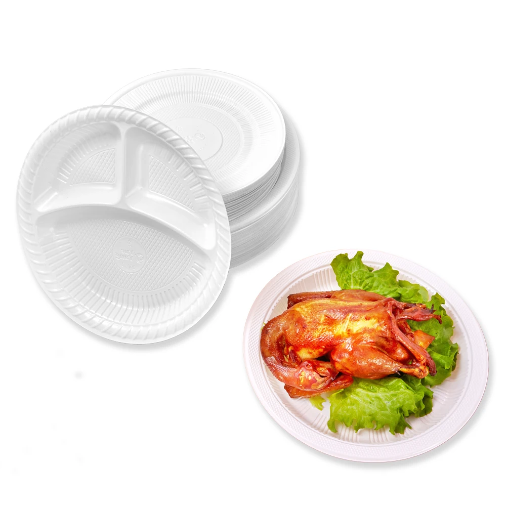4 Compartment Disposable Dishes Dinner Food Tray Sets 17 inch Round Plastic Circle Plates with Logo