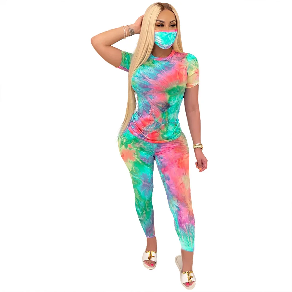 
2021 summer two piece pants set tracksuit Women Sportswear Tie die t shirt 2 Piece Sets casual stylish print fabric 