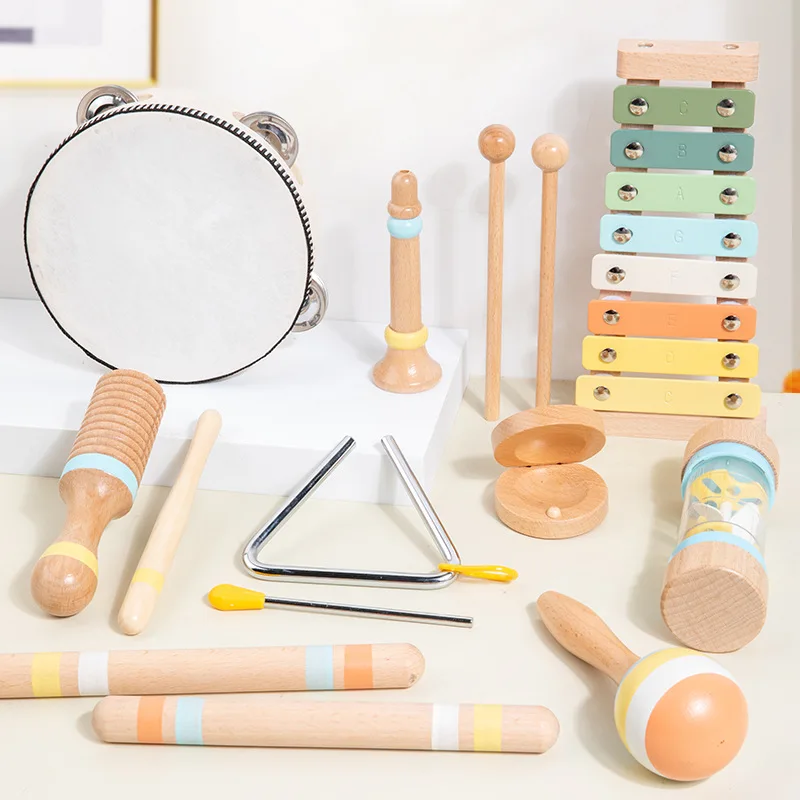 Wholesale Wooden Musical Instrument Set Tambourine Xylophone Toys Early Learning Montessori Baby Musical Toys for Toddlers 1-3