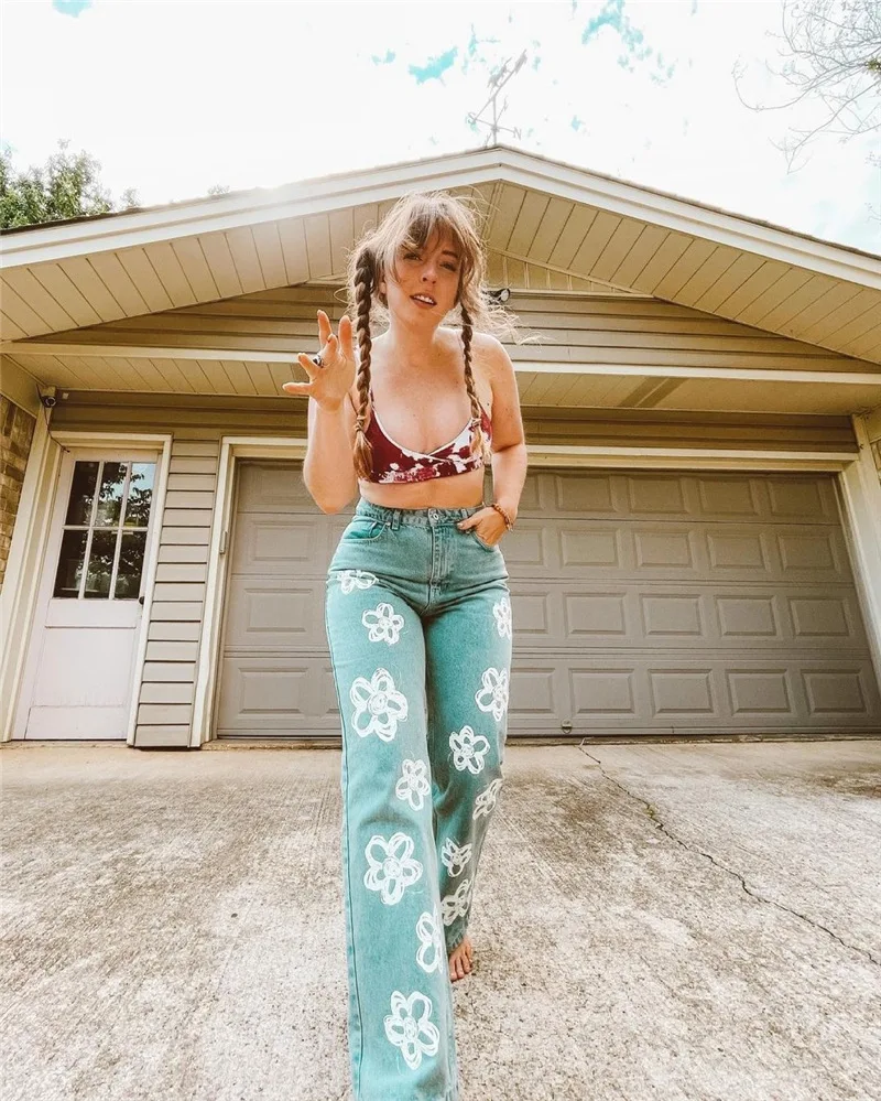 New Vintage flower printed jeans women High waist Harajuku Aesthetic jeans denim streetwear fashion jeans women