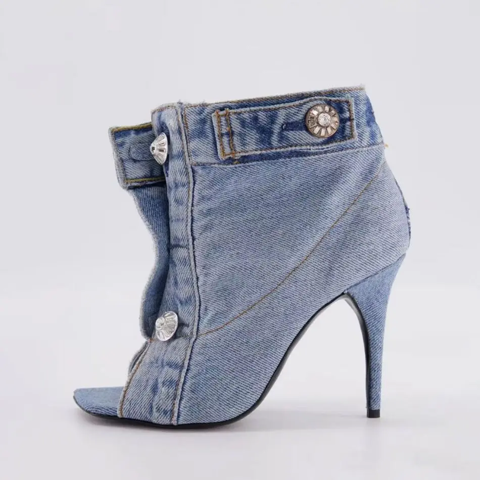 Fashion denim boots pointed heel side zipper shoes for women new styles middle high heels shoes for women