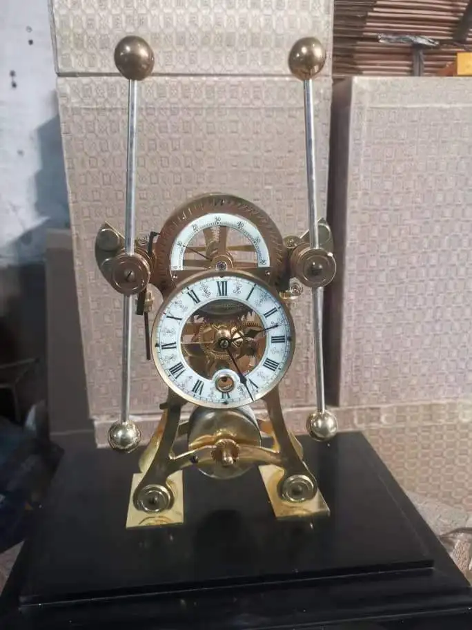 18th England  Antique Gilt Gold Plated  Polished Brass Mechanical Devon / skeleton/Grasshopper /Double Pendulum Table Sea Clock