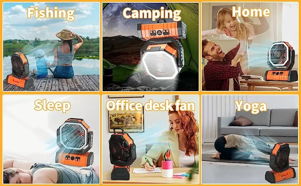 20000mAh Outdoor USB Rechargeable Portable Desk Camping Oscillating Fan with LED Lamp For Tent