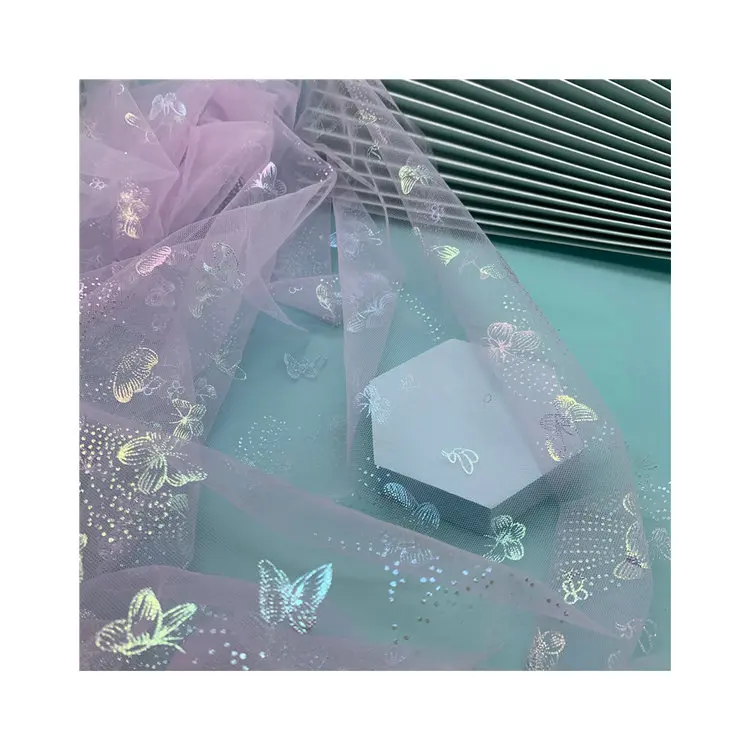 Warp Knitting Soft Breathable Butterfly Print Transparent Tulle Fabric For Dress And Veil